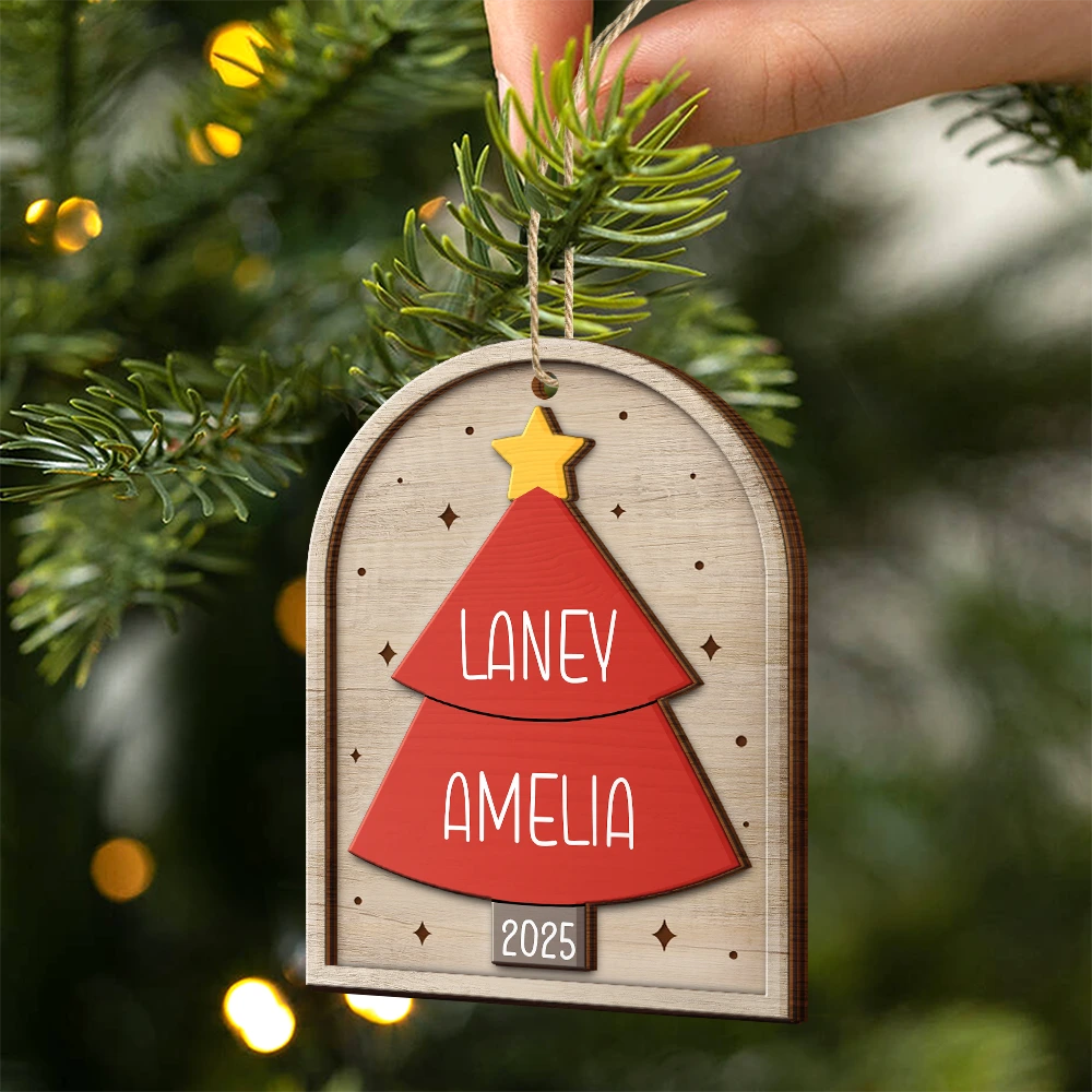 Christmas, Family, Parents, Gift For Grandparents, Happy, Gift For Sibling - Happy Family Christmas Tree - Personalized 2-Layered Wooden Ornament