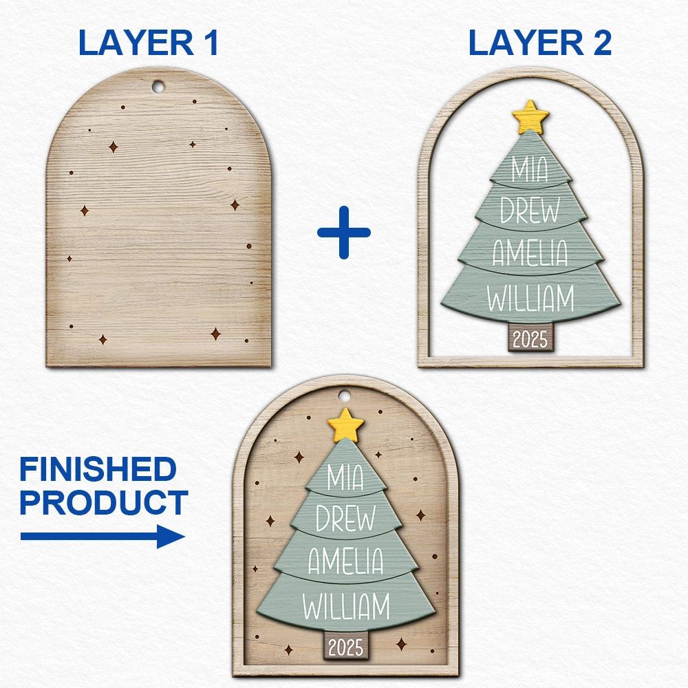 Christmas, Family, Parents, Gift For Grandparents, Happy, Gift For Sibling - Happy Family Christmas Tree - Personalized 2-Layered Wooden Ornament