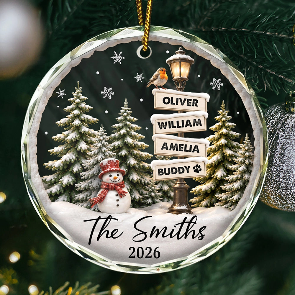 Happy Family Name Snowman - Personalized Circle Glass Ornament