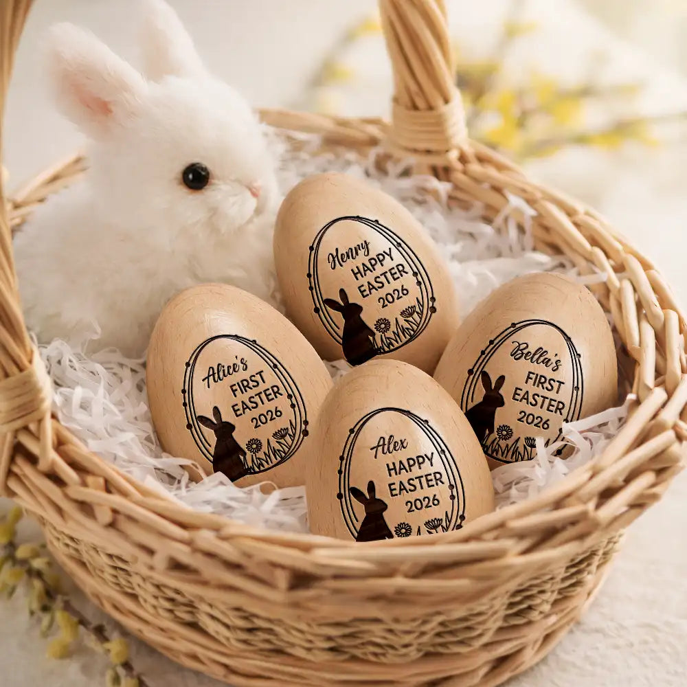 Easter,Gift For Kids,Gift For Grandkids,Grandma - Grandkids,Grandpa - Grandkids,Dad - Children,Mom - Children,Happy - Happy First Easter - Personalized Musical Wooden Easter Egg Shaker