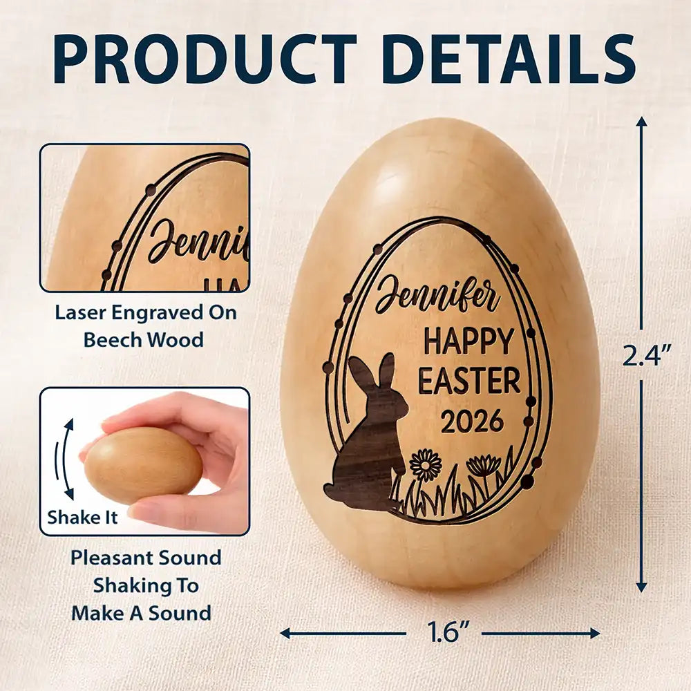 Easter,Gift For Kids,Gift For Grandkids,Grandma - Grandkids,Grandpa - Grandkids,Dad - Children,Mom - Children,Happy - Happy First Easter - Personalized Musical Wooden Easter Egg Shaker
