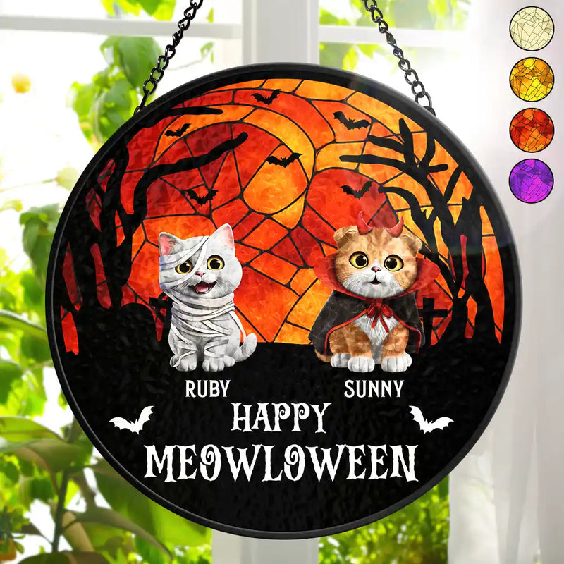Halloween,Pet Lovers,Cat Lovers,Dog Lovers - Happy Meowloween Halloween Pets - Personalized Stained Glass Window Hanging Suncatcher