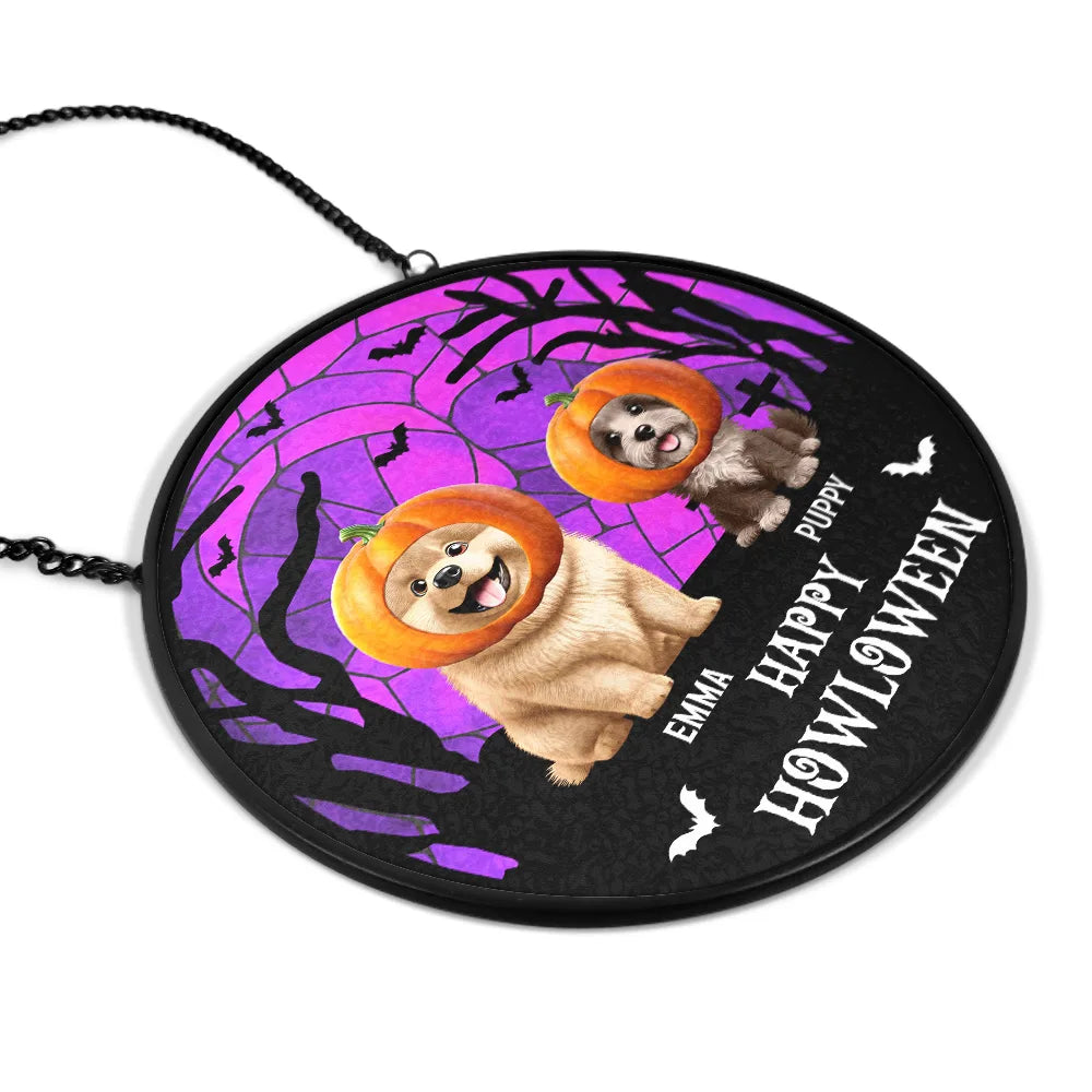 Halloween,Pet Lovers,Cat Lovers,Dog Lovers - Happy Meowloween Halloween Pets - Personalized Stained Glass Window Hanging Suncatcher