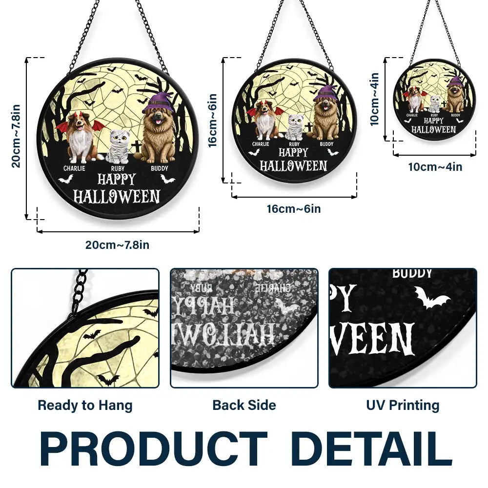 Halloween,Pet Lovers,Cat Lovers,Dog Lovers - Happy Meowloween Halloween Pets - Personalized Stained Glass Window Hanging Suncatcher