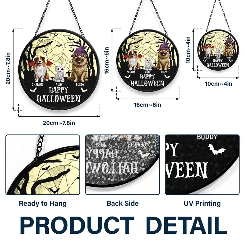 Halloween,Pet Lovers,Cat Lovers,Dog Lovers - Happy Meowloween Halloween Pets - Personalized Stained Glass Window Hanging Suncatcher