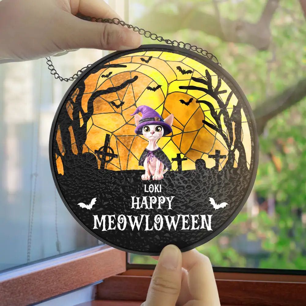 Halloween,Pet Lovers,Cat Lovers,Dog Lovers - Happy Meowloween Halloween Pets - Personalized Stained Glass Window Hanging Suncatcher