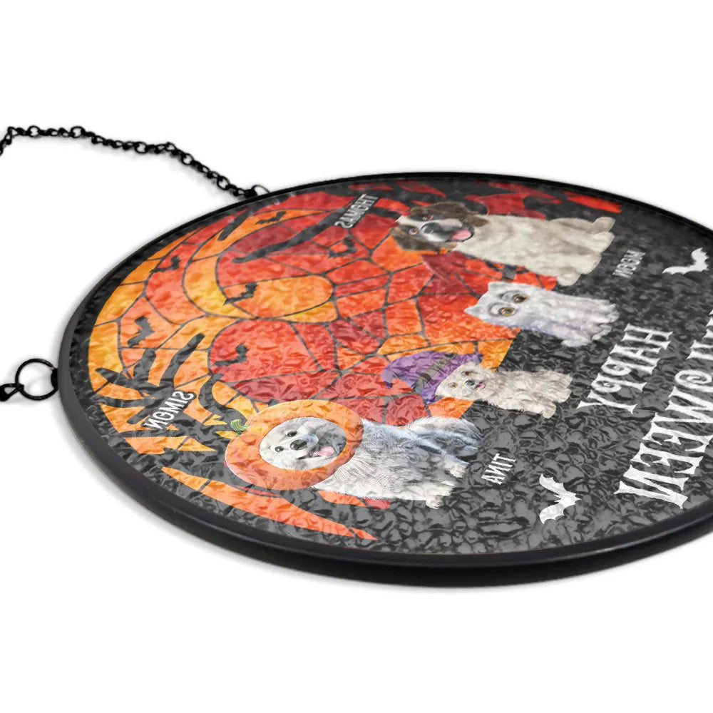 Halloween,Pet Lovers,Cat Lovers,Dog Lovers - Happy Meowloween Halloween Pets - Personalized Stained Glass Window Hanging Suncatcher