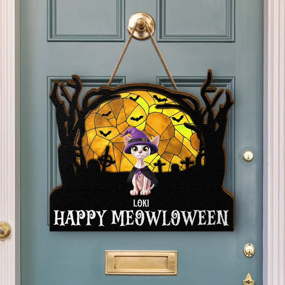 Halloween, Pet Lovers, Cat Lovers, Dog Lovers - Happy Meowloween Halloween Pets - Personalized Custom Shaped Wood Sign