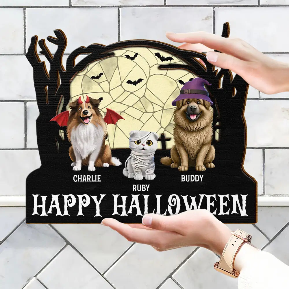 Halloween, Pet Lovers, Cat Lovers, Dog Lovers - Happy Meowloween Halloween Pets - Personalized Custom Shaped Wood Sign