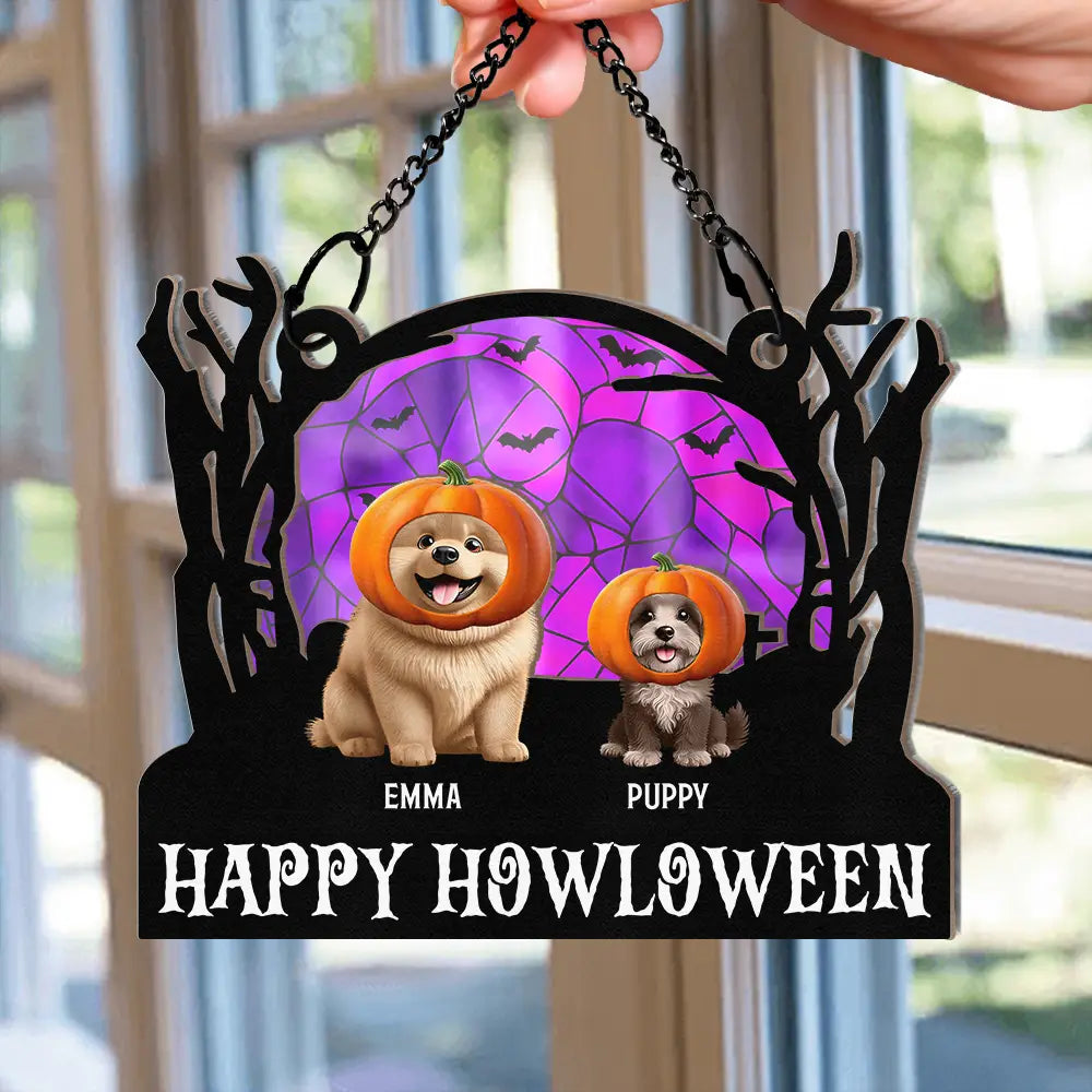 Halloween, Pet Lovers, Pet Mom, Pet Dad, Cat Lovers, Happy - Happy Meowloween Halloween Pets - Personalized Window Hanging Suncatcher Ornament