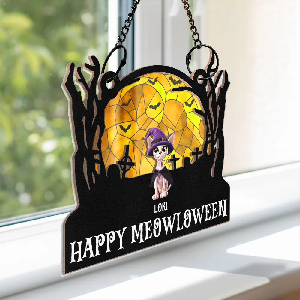 Halloween, Pet Lovers, Pet Mom, Pet Dad, Cat Lovers, Happy - Happy Meowloween Halloween Pets - Personalized Window Hanging Suncatcher Ornament