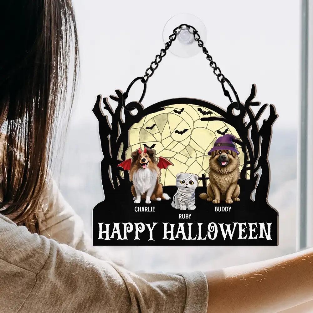 Halloween, Pet Lovers, Pet Mom, Pet Dad, Cat Lovers, Happy - Happy Meowloween Halloween Pets - Personalized Window Hanging Suncatcher Ornament