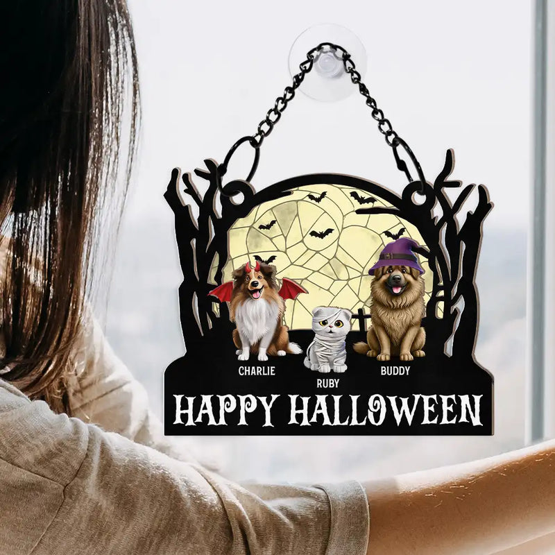 Halloween, Pet Lovers, Pet Mom, Pet Dad, Cat Lovers, Happy - Happy Meowloween Halloween Pets - Personalized Window Hanging Suncatcher Ornament
