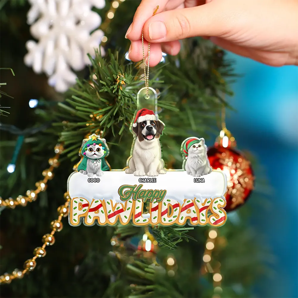 Happy,Christmas,Pet Lovers - Happy Pawlidays - Personalized Custom Shaped Acrylic Ornament