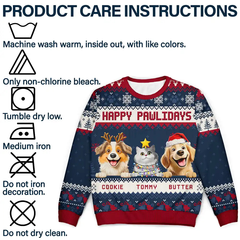 Cat Lovers,Pet Lovers,Christmas,Funny,Dog Lovers - Happy Pawlidays 3D Effect Cat Dog - Personalized Unisex Ugly Sweater