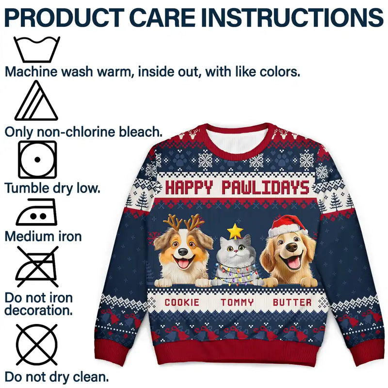 Cat Lovers,Pet Lovers,Christmas,Funny,Dog Lovers - Happy Pawlidays 3D Effect Cat Dog - Personalized Unisex Ugly Sweater