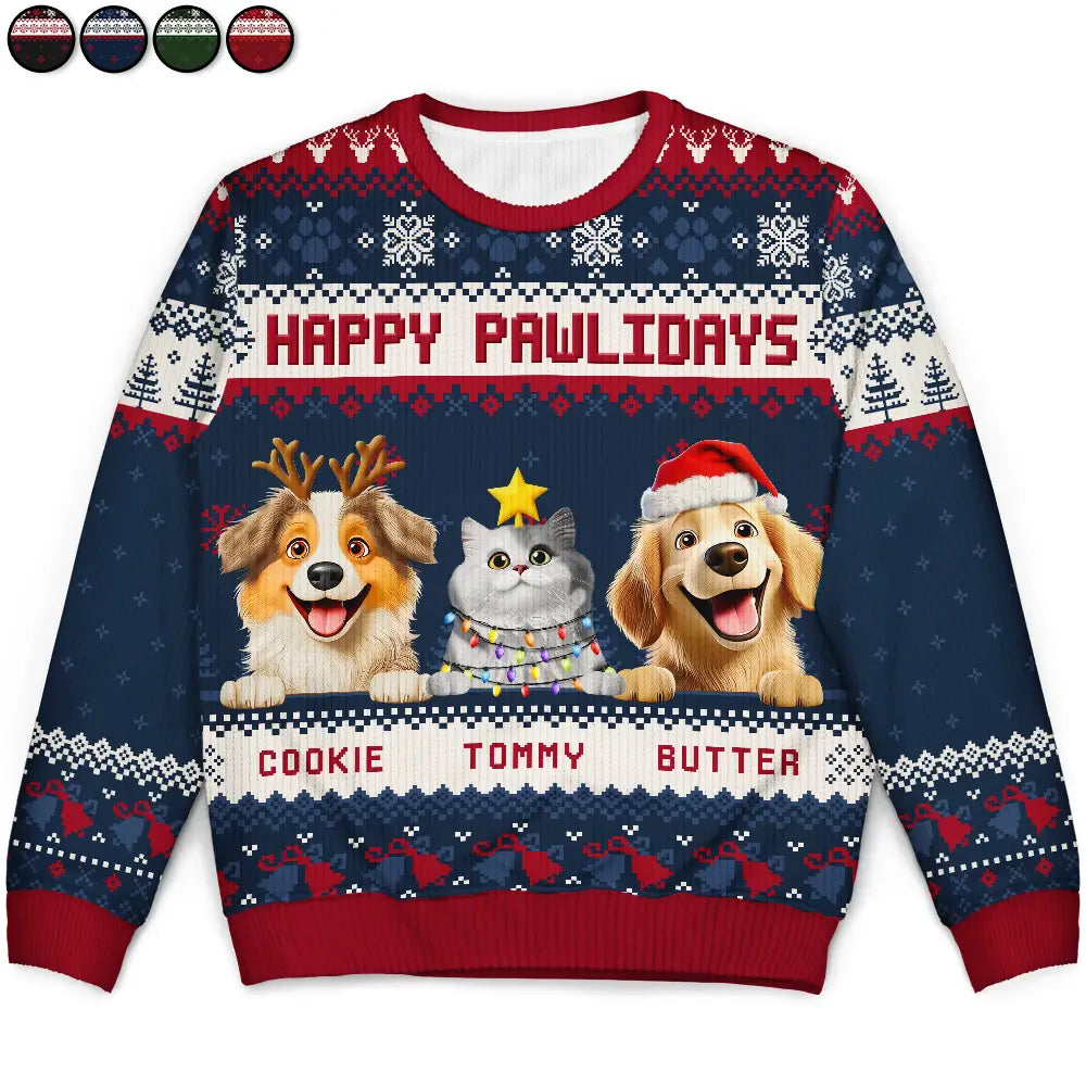 Cat Lovers,Pet Lovers,Christmas,Funny,Dog Lovers - Happy Pawlidays 3D Effect Cat Dog - Personalized Unisex Ugly Sweater
