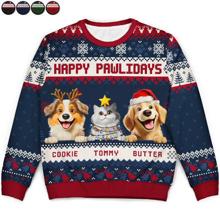 Pull moche unisexe personnalisé avec motif chat et chien effet 3D Happy Pawlidays 