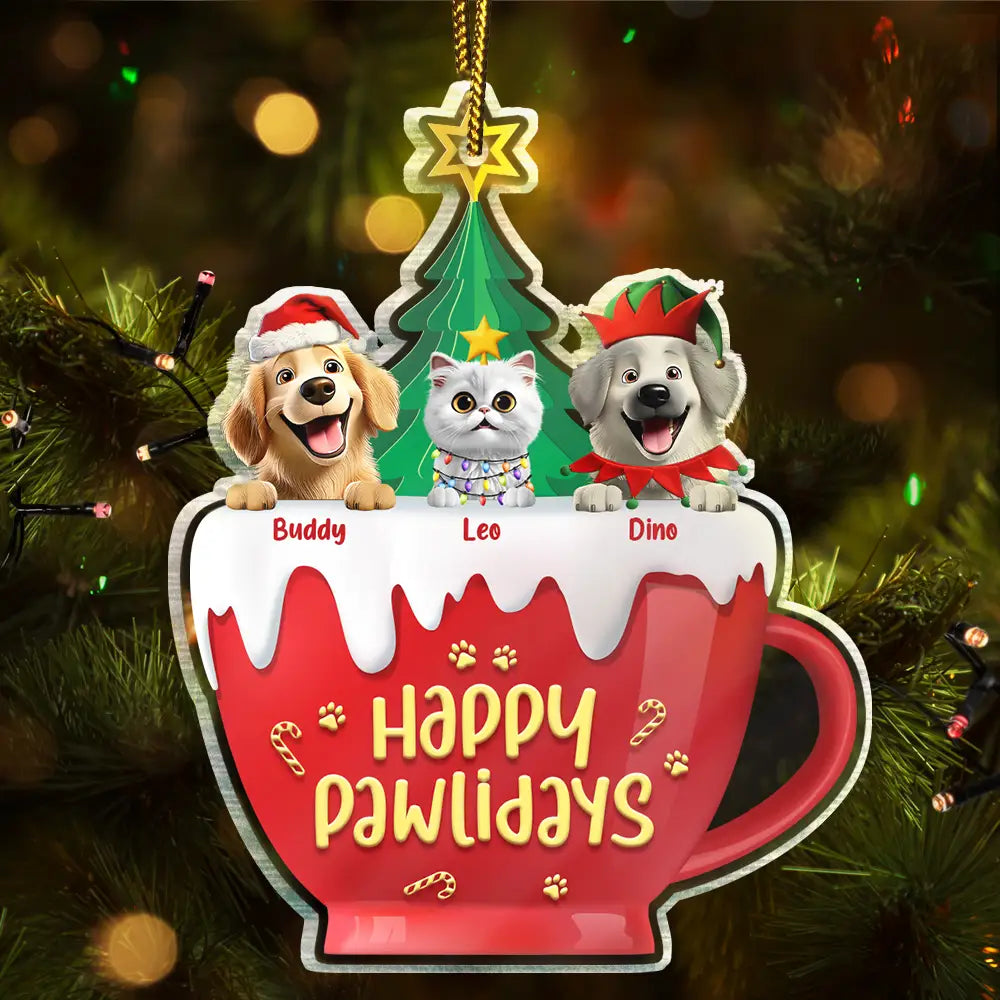 Happy Pawlidays 3D Effect Dog Cat Christmas - Personalized Custom Shaped Acrylic Ornament