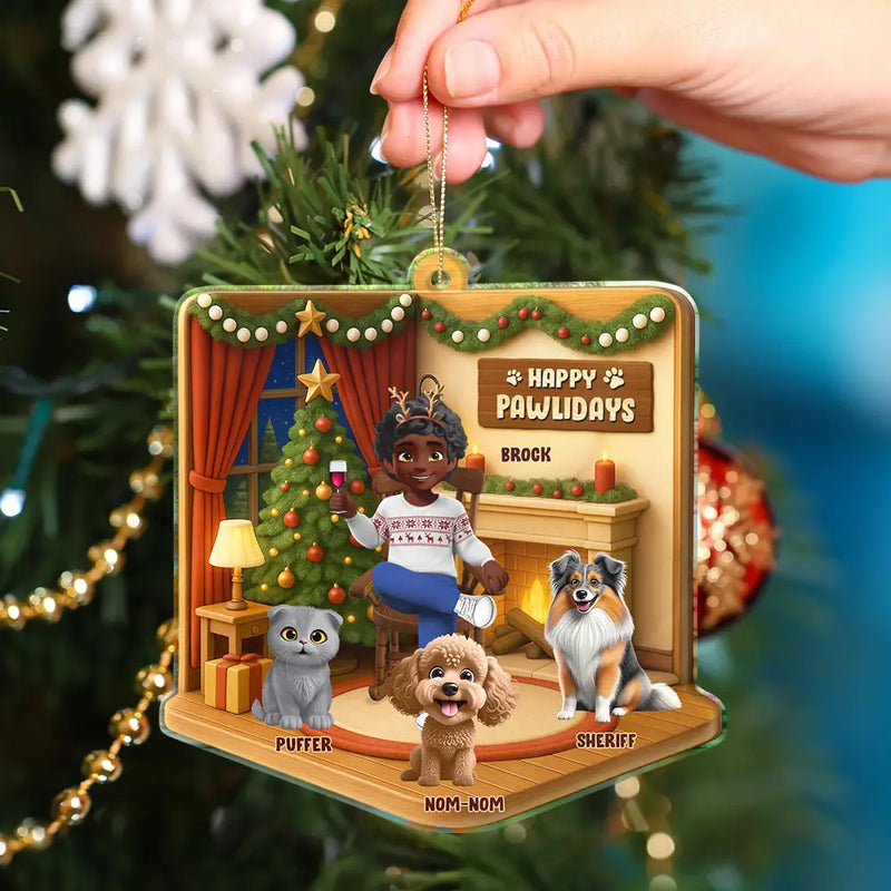 Pet Lovers,Pet Mom,Pet Dad,Dog Lovers,Dog Mom,Dog Dad,Cat Lovers,Cat Mom,Cat Dad,Christmas,Happy - Happy Pawlidays Christmas House Model - Personalized Custom Shaped Acrylic Ornament