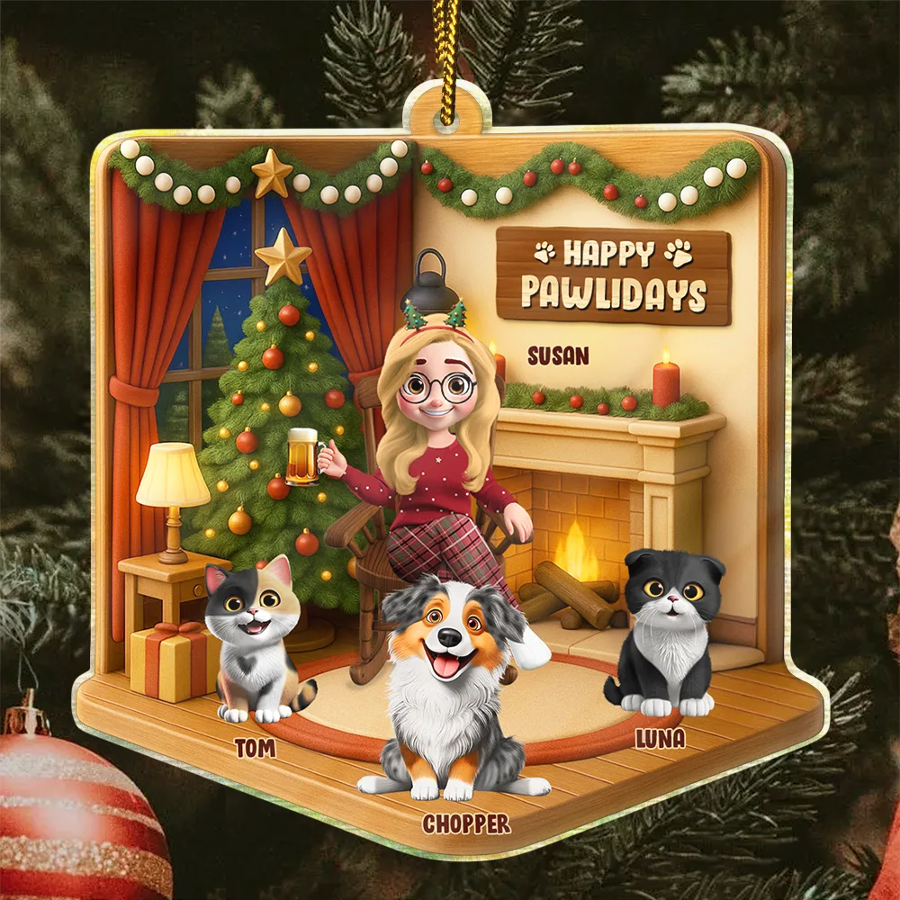 Pet Lovers,Pet Mom,Pet Dad,Dog Lovers,Dog Mom,Dog Dad,Cat Lovers,Cat Mom,Cat Dad,Christmas,Happy - Happy Pawlidays Christmas House Model - Personalized Custom Shaped Acrylic Ornament