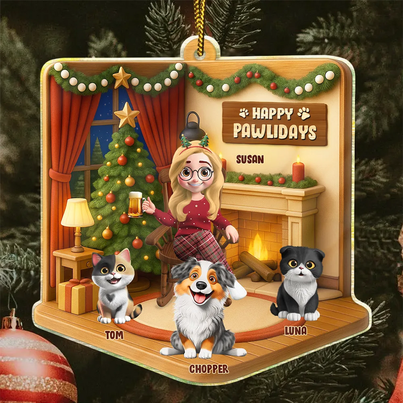 Pet Lovers,Pet Mom,Pet Dad,Dog Lovers,Dog Mom,Dog Dad,Cat Lovers,Cat Mom,Cat Dad,Christmas,Happy - Happy Pawlidays Christmas House Model - Personalized Custom Shaped Acrylic Ornament