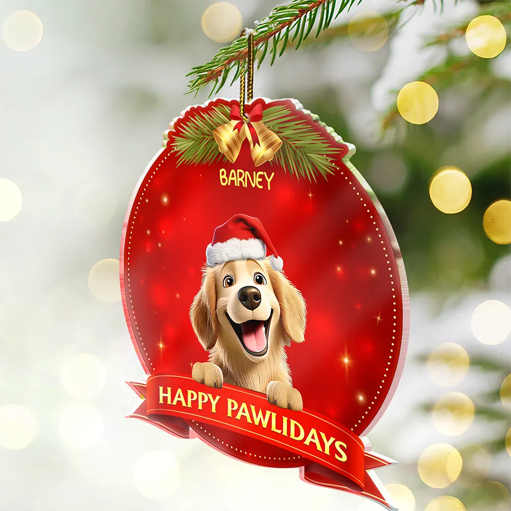 Pet Lovers,Pet Mom,Pet Dad,Pet Couple,Cat Lovers,Cat Mom,Cat Dad,Cat Couple,Dog Lovers,Dog Mom,Dog Dad,Dog Couple,Gift For Women,Gift For Men,Christmas,Happy - Happy Pawlidays Dog Cat 3D Effect - Personalized Custom Shaped Acrylic Ornament