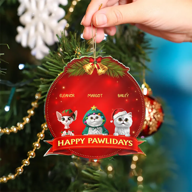 Pet Lovers,Pet Mom,Pet Dad,Pet Couple,Cat Lovers,Cat Mom,Cat Dad,Cat Couple,Dog Lovers,Dog Mom,Dog Dad,Dog Couple,Gift For Women,Gift For Men,Christmas,Happy - Happy Pawlidays Dog Cat 3D Effect - Personalized Custom Shaped Acrylic Ornament