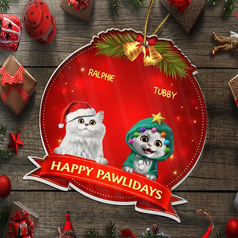 Pet Lovers,Pet Mom,Pet Dad,Pet Couple,Cat Lovers,Cat Mom,Cat Dad,Cat Couple,Dog Lovers,Dog Mom,Dog Dad,Dog Couple,Gift For Women,Gift For Men,Christmas,Happy - Happy Pawlidays Dog Cat 3D Effect - Personalized Custom Shaped Acrylic Ornament