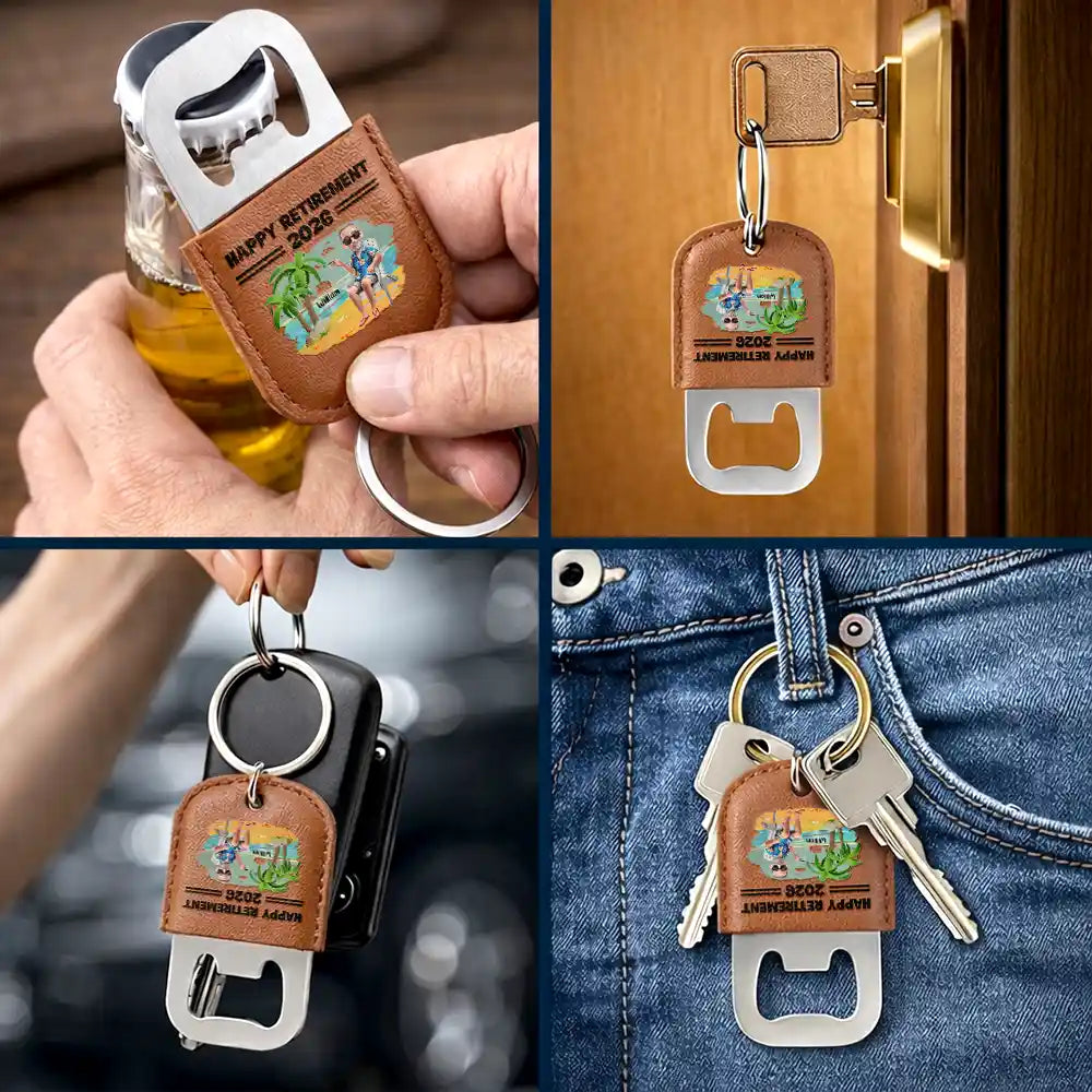 Gift For Father,Gift For Grandpa,Gift For Men,Happy,Retirement - Happy Retirement Gift For Dad Grandpa - Personalized Leather Bottle Opener Keychain