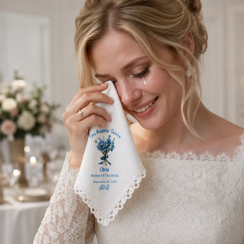 Sentimental,Gift For Yourself,Gift For Women,Wedding,Icon,Monogram - Happy Tears Birth Flower Bridesmaid Mother Of Bride Groom Monogram - Personalized Handkerchief