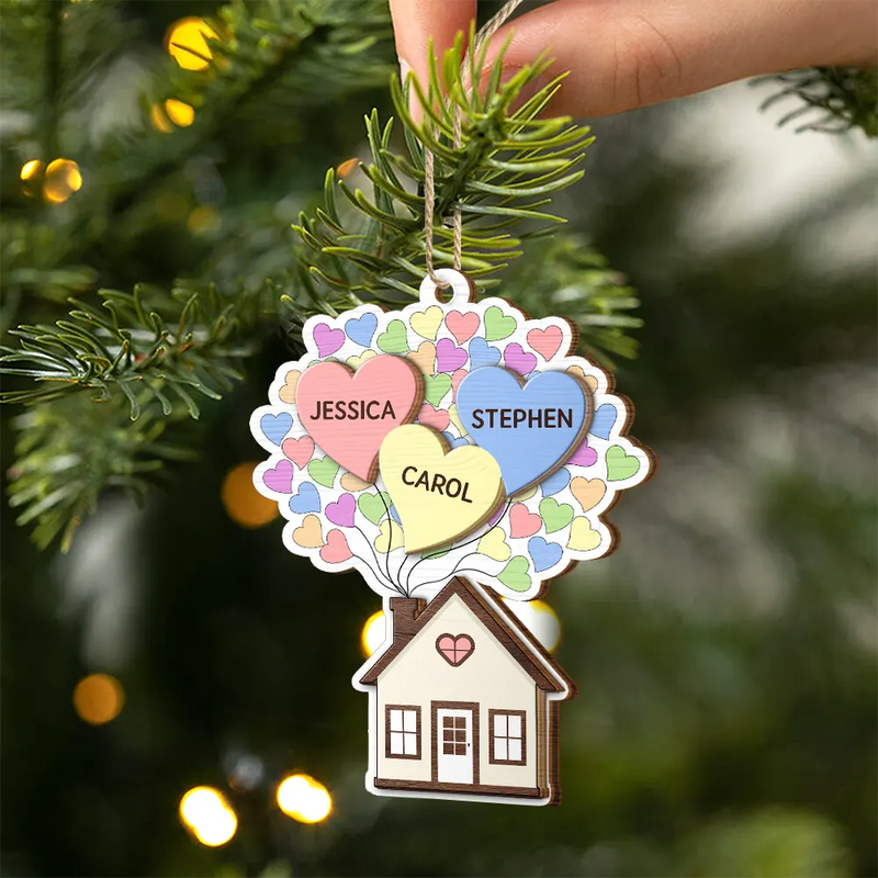 Parents,Family,Gift For Mother,Gift For Father,Gift For Grandpa,Gift For Grandma,Love,Christmas - Heart Balloon House For Family - Personalized 2-Layered Wooden Ornament
