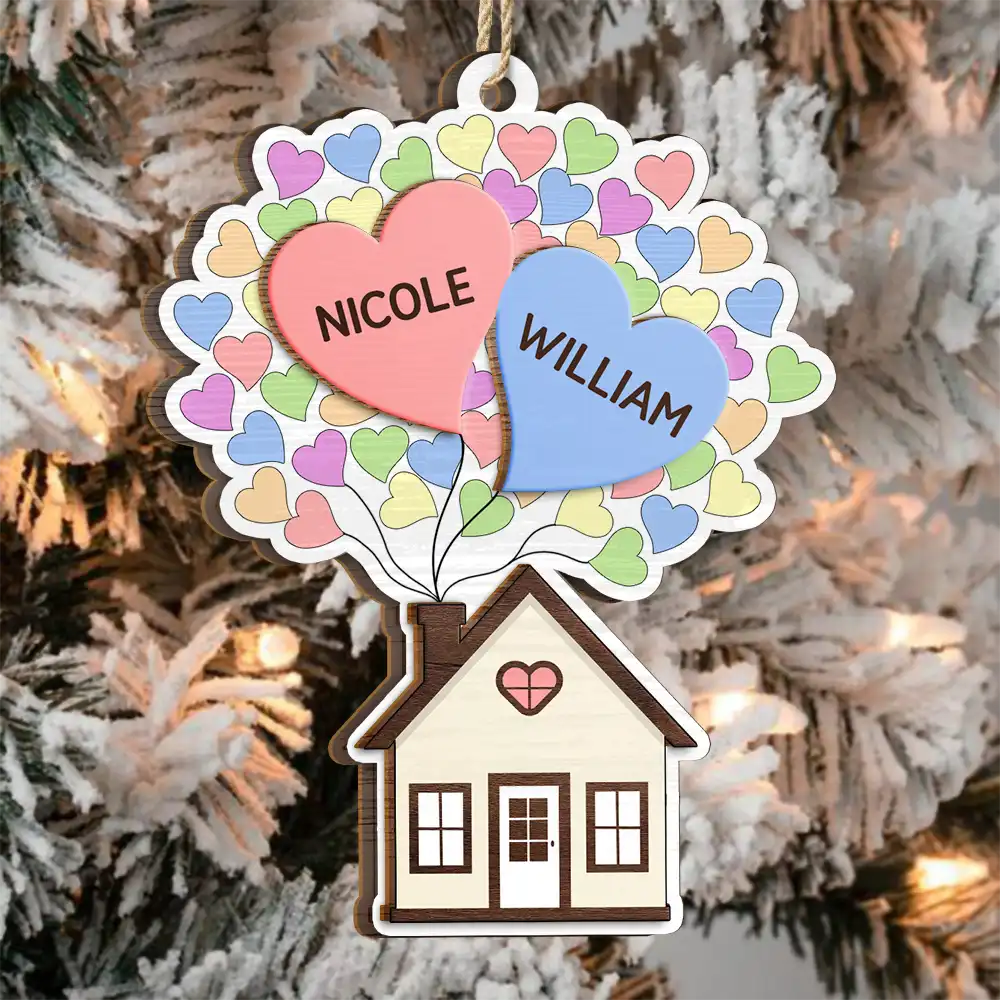 Parents,Family,Gift For Mother,Gift For Father,Gift For Grandpa,Gift For Grandma,Love,Christmas - Heart Balloon House For Family - Personalized 2-Layered Wooden Ornament