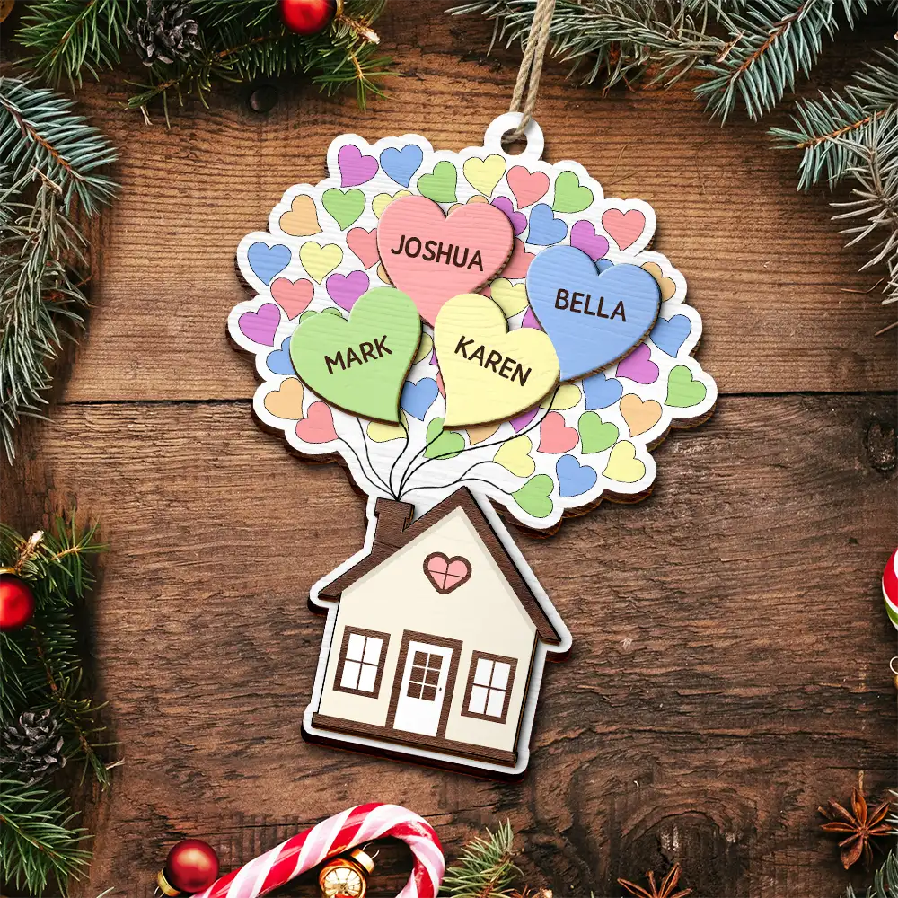 Parents,Family,Gift For Mother,Gift For Father,Gift For Grandpa,Gift For Grandma,Love,Christmas - Heart Balloon House For Family - Personalized 2-Layered Wooden Ornament