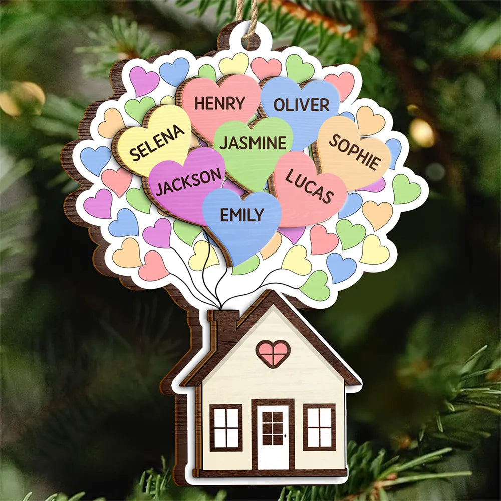 Heart Balloon House For Family - Personalized 2-Layered Wooden Ornament