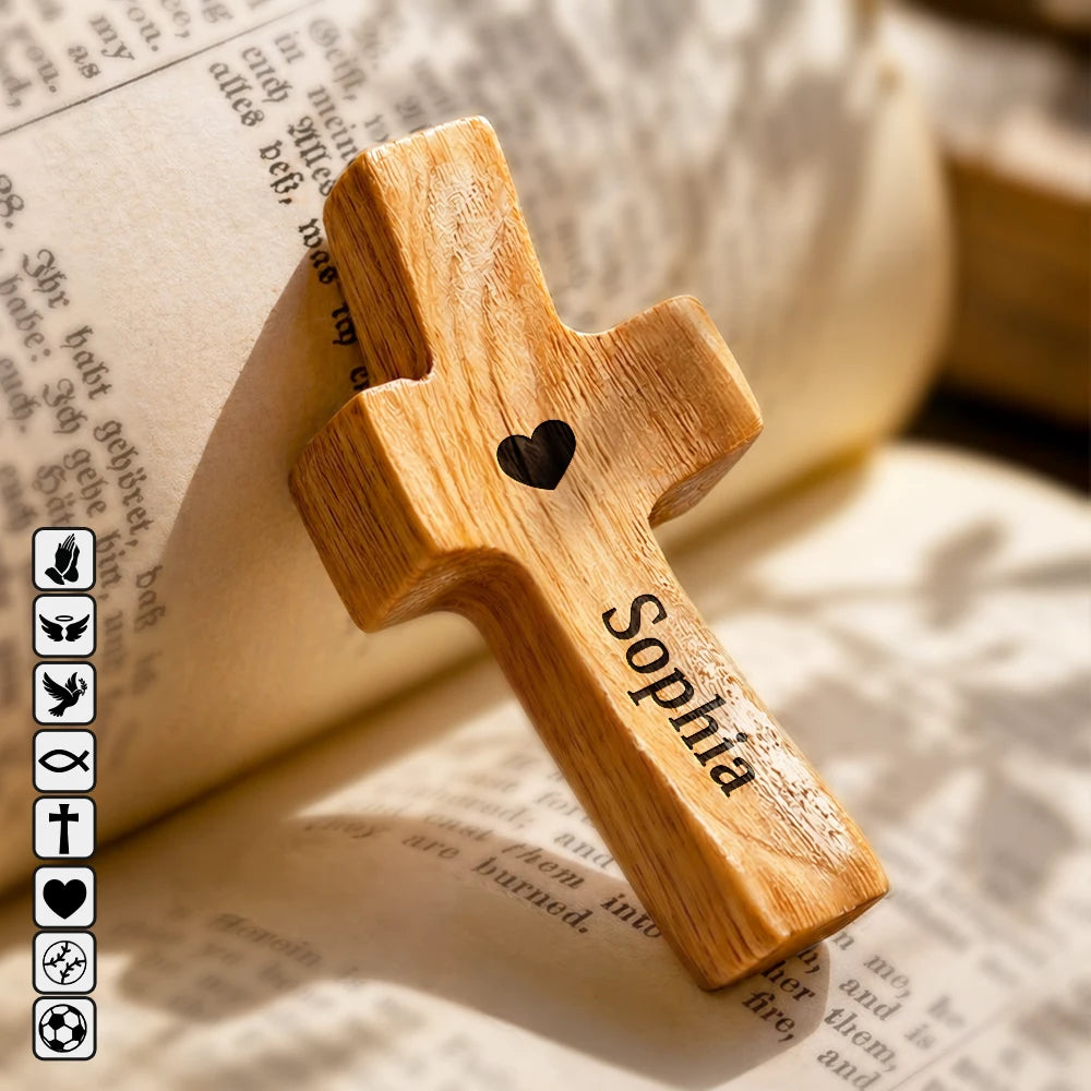 Gift For Father,Devoted,Icon - Heart Baseball Soccer Ball And Name - Personalized Wooden Pocket Prayer Cross
