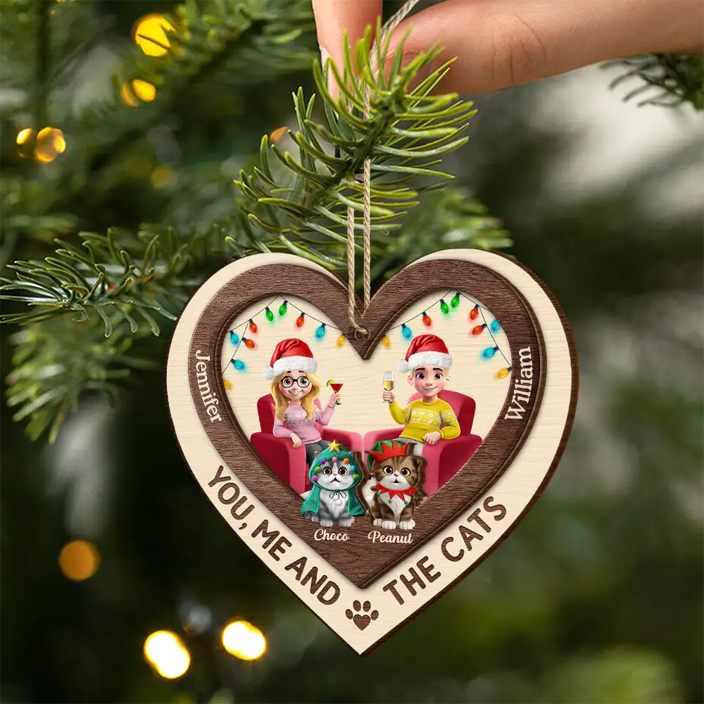 Gift For Couples,Gift For Husband,Gift For Wife,Gift For Boyfriend,Gift For Girlfriend,Cat Lovers,Cat Couple,Pet Lovers,Pet Couple,Christmas,Love - Heart You Me And The Cat - Personalized 2-Layered Wooden Ornament