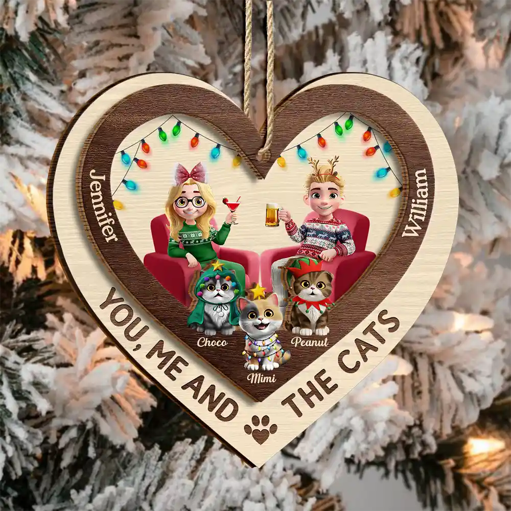 Gift For Couples,Gift For Husband,Gift For Wife,Gift For Boyfriend,Gift For Girlfriend,Cat Lovers,Cat Couple,Pet Lovers,Pet Couple,Christmas,Love - Heart You Me And The Cat - Personalized 2-Layered Wooden Ornament