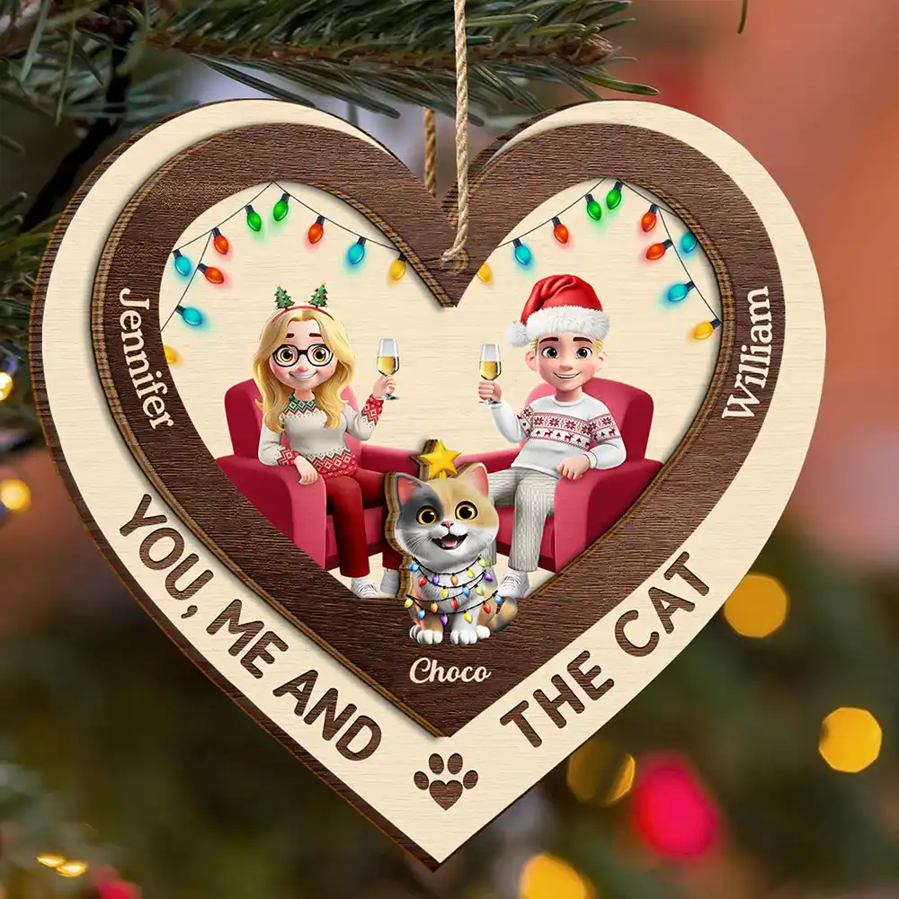 Gift For Couples,Gift For Husband,Gift For Wife,Gift For Boyfriend,Gift For Girlfriend,Cat Lovers,Cat Couple,Pet Lovers,Pet Couple,Christmas,Love - Heart You Me And The Cat - Personalized 2-Layered Wooden Ornament