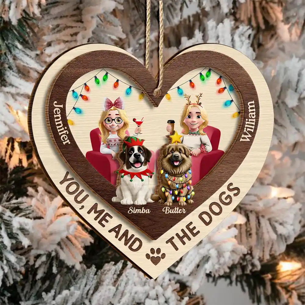 Gift For Couples,Gift For Husband,Gift For Wife,Gift For Boyfriend,Gift For Girlfriend,Dog Lovers,Dog Couple,Pet Lovers,Pet Couple,Christmas,Love - Heart You Me And The Dog - Personalized 2-Layered Wooden Ornament