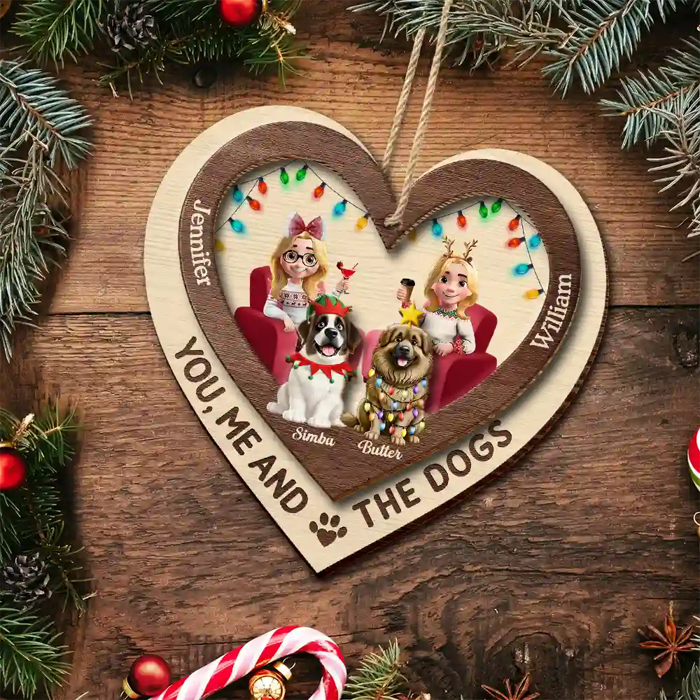 Gift For Couples,Gift For Husband,Gift For Wife,Gift For Boyfriend,Gift For Girlfriend,Dog Lovers,Dog Couple,Pet Lovers,Pet Couple,Christmas,Love - Heart You Me And The Dog - Personalized 2-Layered Wooden Ornament