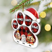 Pet Lovers,Pet Mom,Pet Dad,Pet Couple,Cat Lovers,Cat Mom,Cat Couple,Cat Dad,Dog Lovers,Dog Mom,Dog Dad,Dog Couple,Gift For Women,Gift For Men,Gift For Husband,Gift For Wife,Gift For Boyfriend,Gift For Girlfriend,Gift For Yourself,Happy,Christmas - Here Comes Santa Paws 3D Effect Dog Cat - Personalized Custom Shaped Acrylic Ornament