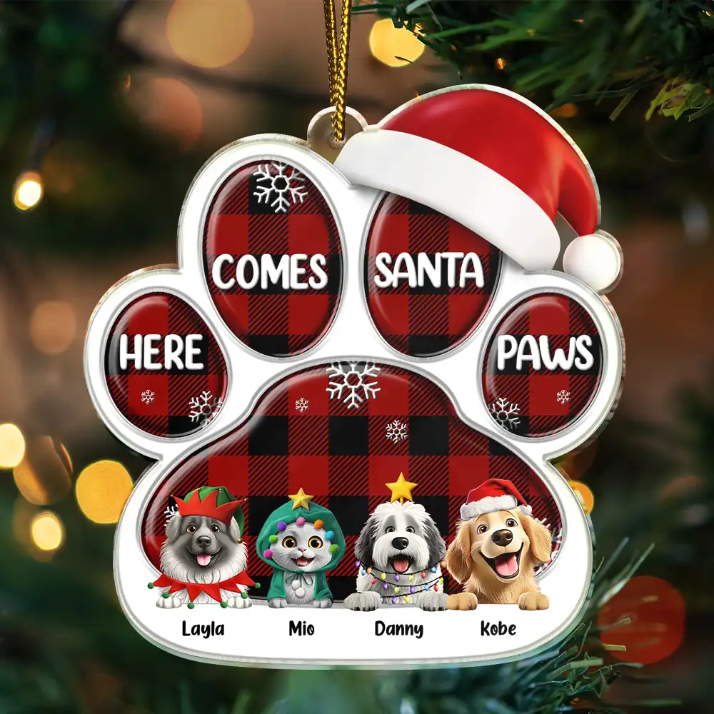 Pet Lovers,Pet Mom,Pet Dad,Pet Couple,Cat Lovers,Cat Mom,Cat Couple,Cat Dad,Dog Lovers,Dog Mom,Dog Dad,Dog Couple,Gift For Women,Gift For Men,Gift For Husband,Gift For Wife,Gift For Boyfriend,Gift For Girlfriend,Gift For Yourself,Happy,Christmas - Here Comes Santa Paws 3D Effect Dog Cat - Personalized Custom Shaped Acrylic Ornament