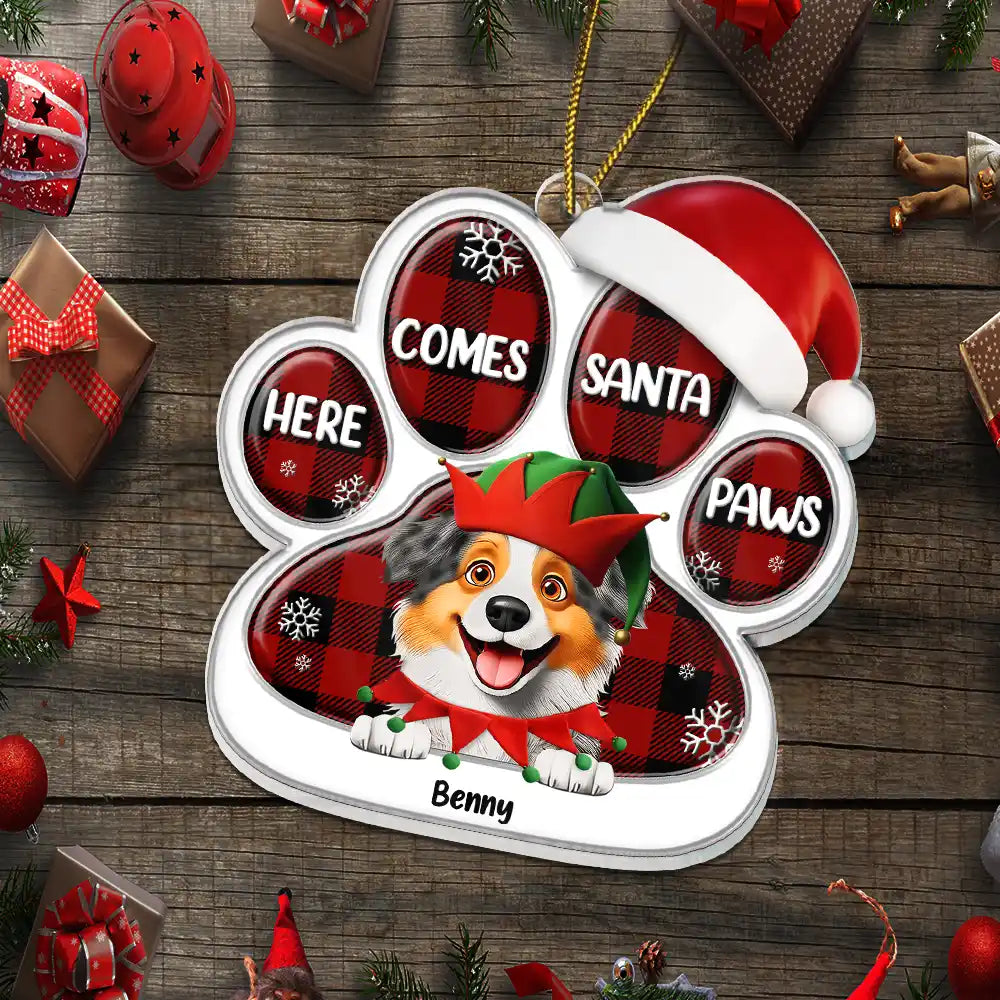 Pet Lovers,Pet Mom,Pet Dad,Pet Couple,Cat Lovers,Cat Mom,Cat Couple,Cat Dad,Dog Lovers,Dog Mom,Dog Dad,Dog Couple,Gift For Women,Gift For Men,Gift For Husband,Gift For Wife,Gift For Boyfriend,Gift For Girlfriend,Gift For Yourself,Happy,Christmas - Here Comes Santa Paws 3D Effect Dog Cat - Personalized Custom Shaped Acrylic Ornament