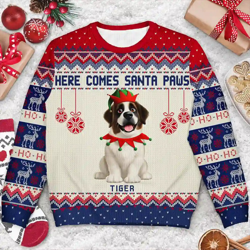 Dog Lovers,Cat Lovers,Pet Lovers,Happy,Christmas - Here Comes Santa Paws 3D Effect Dog Cat - Personalized Unisex Ugly Sweater