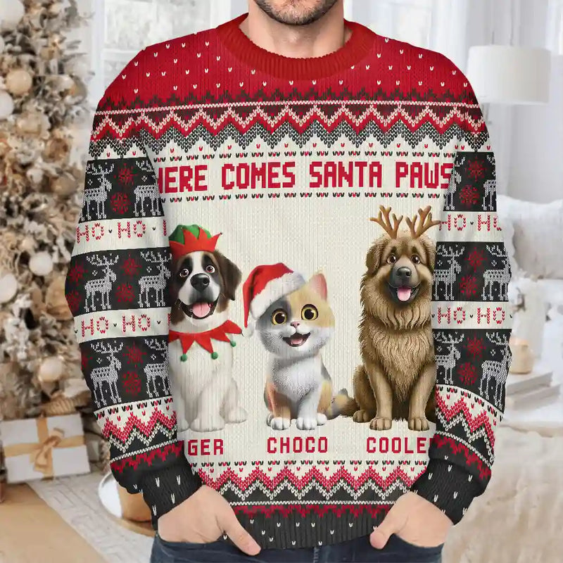 Dog Lovers,Cat Lovers,Pet Lovers,Happy,Christmas - Here Comes Santa Paws 3D Effect Dog Cat - Personalized Unisex Ugly Sweater