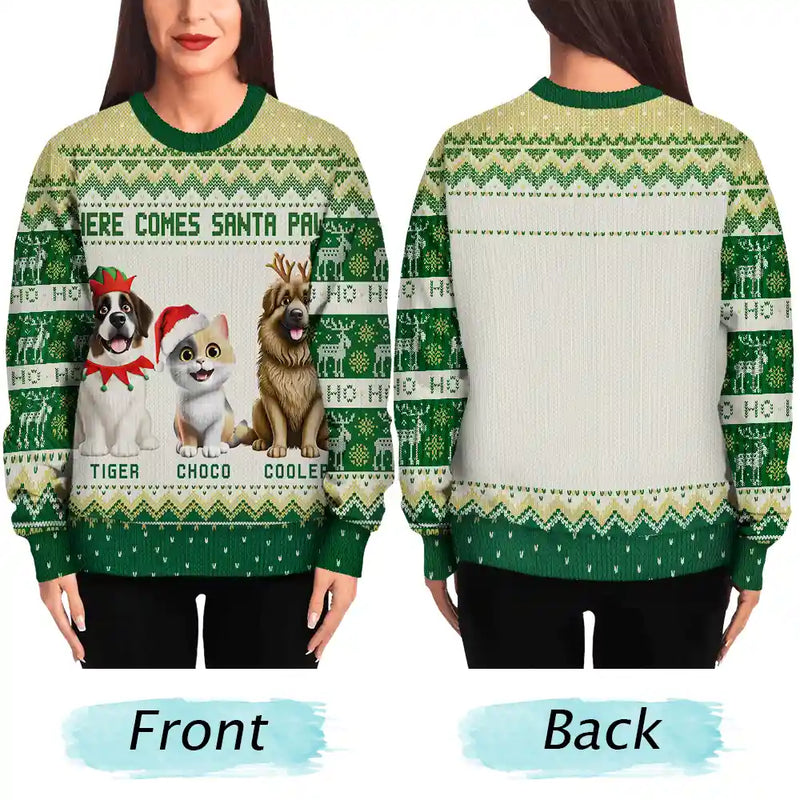 Dog Lovers,Cat Lovers,Pet Lovers,Happy,Christmas - Here Comes Santa Paws 3D Effect Dog Cat - Personalized Unisex Ugly Sweater