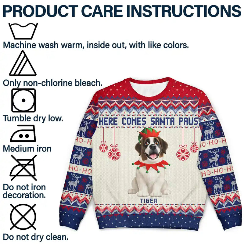 Dog Lovers,Cat Lovers,Pet Lovers,Happy,Christmas - Here Comes Santa Paws 3D Effect Dog Cat - Personalized Unisex Ugly Sweater
