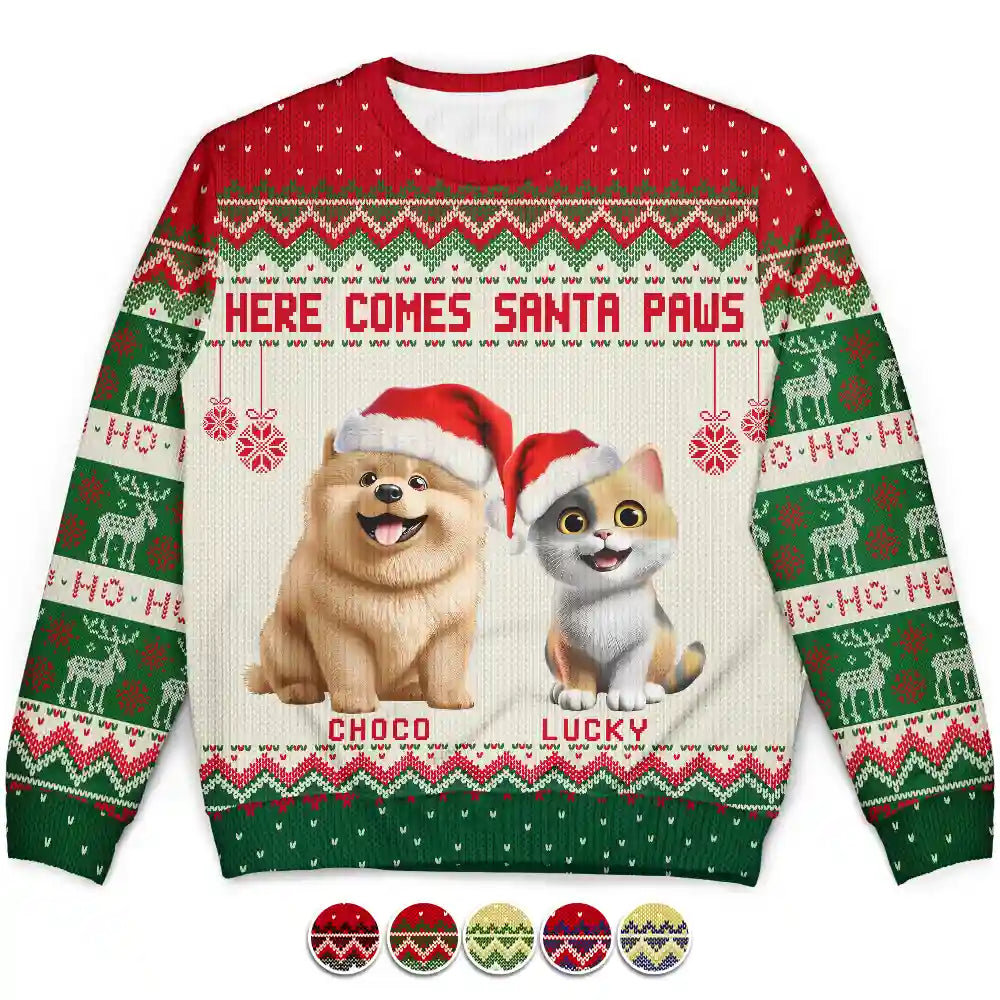 Here Comes Santa Paws 3D Effect Dog Cat - Personalized Unisex Ugly Sweater