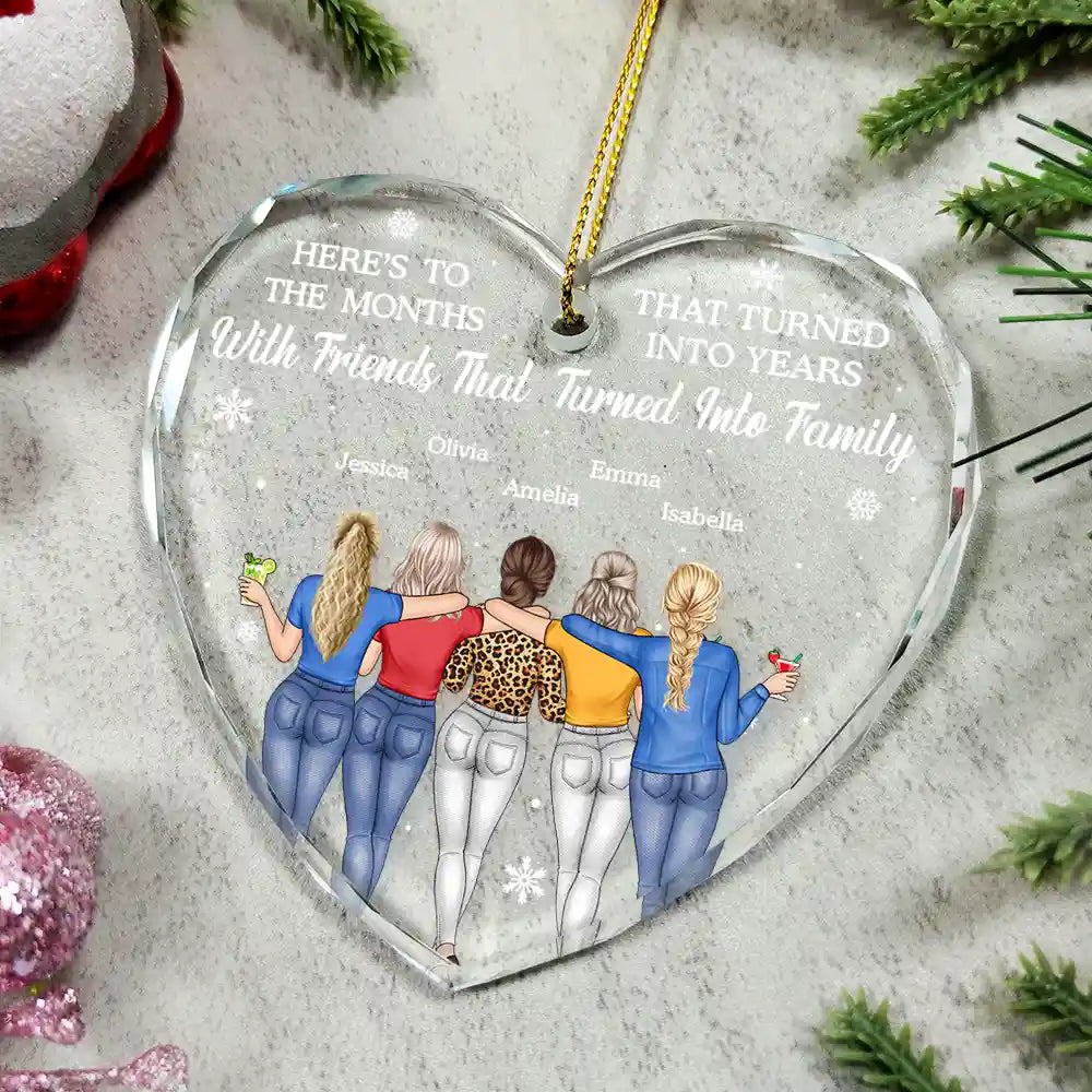 Gift For Bestie, Gifts For Colleagues, Christmas, Happy - Here's To The Months That Turned Into Years Besties - Personalized Heart Shaped Glass Ornament